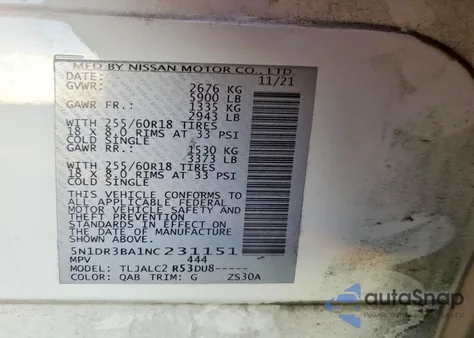 2022 Nissan Pathfinder Sv z USA, uszkodzony, nr VIN 5N1DR3BA1NC231151